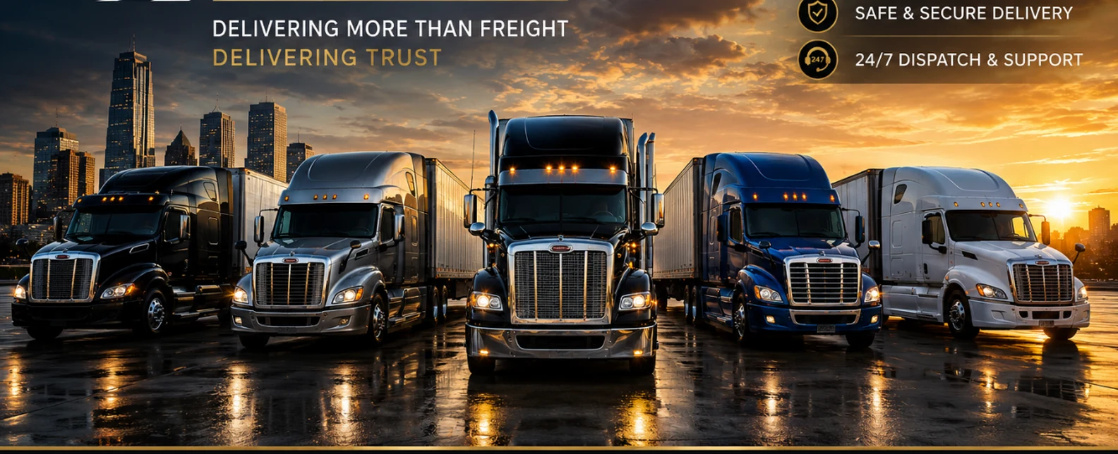 Line of Mega Logistics LLC tractor trailers staged against a city skyline at dusk