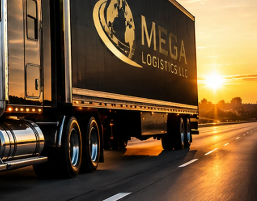 Mega Logistics LLC tractor trailer running an interstate lane at sunset
