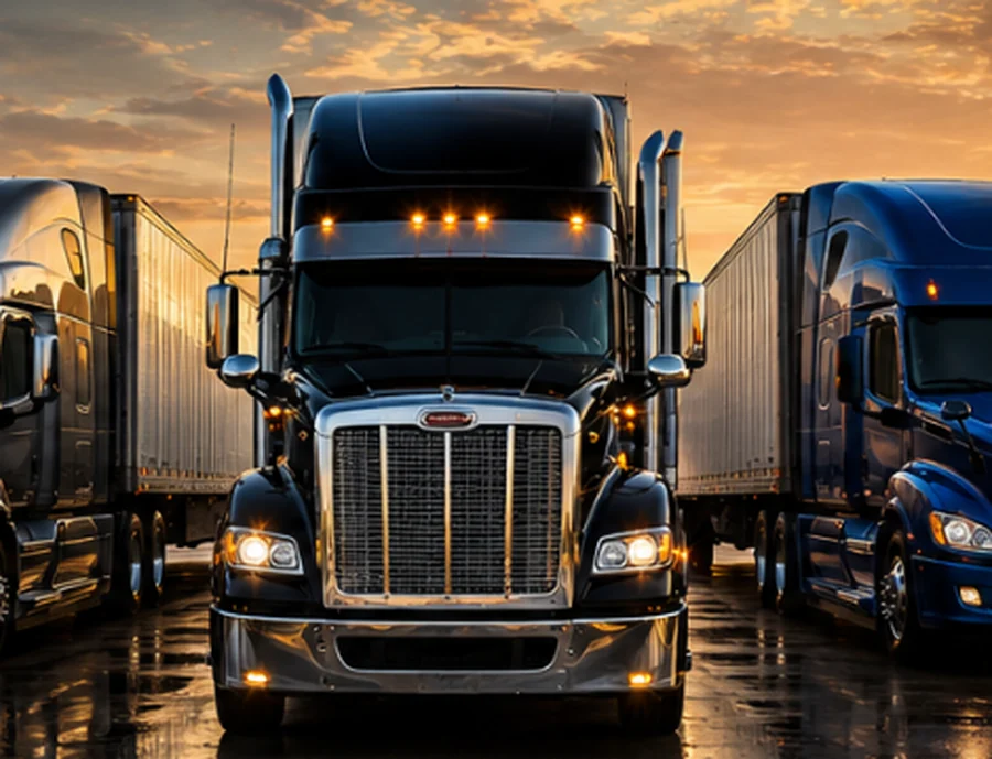 Tractor trailer staged and lit at dusk before a general freight run