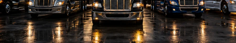 Line of tractor trailers parked on a wet lot at dusk