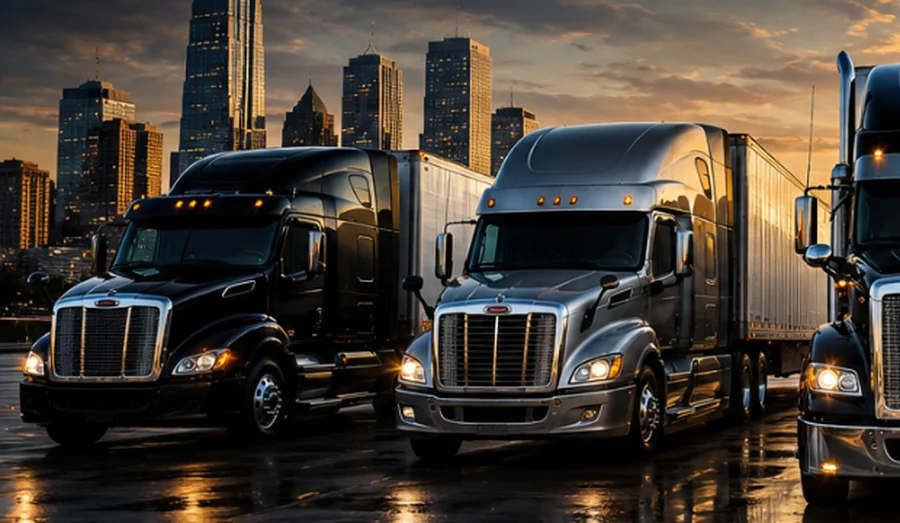 Row of tractor trailers staged against a city skyline at dusk